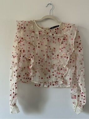 Zara Floral Embroidered Sheer Top Romantic Cottagecore Coquette Blouse
